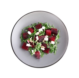 Photo of Delicious beet salad with arugula and feta cheese isolated on white, top view