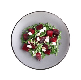 Delicious beet salad with arugula and feta cheese isolated on white, top view