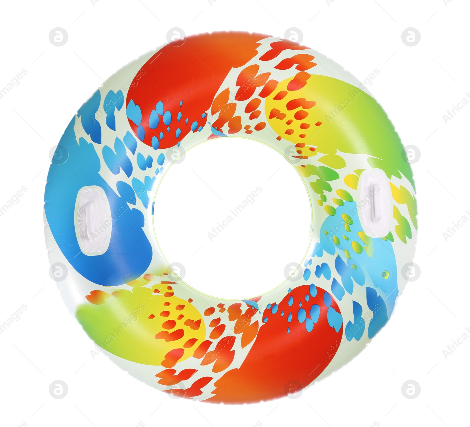 Photo of Colorful inflatable ring with handles isolated on white