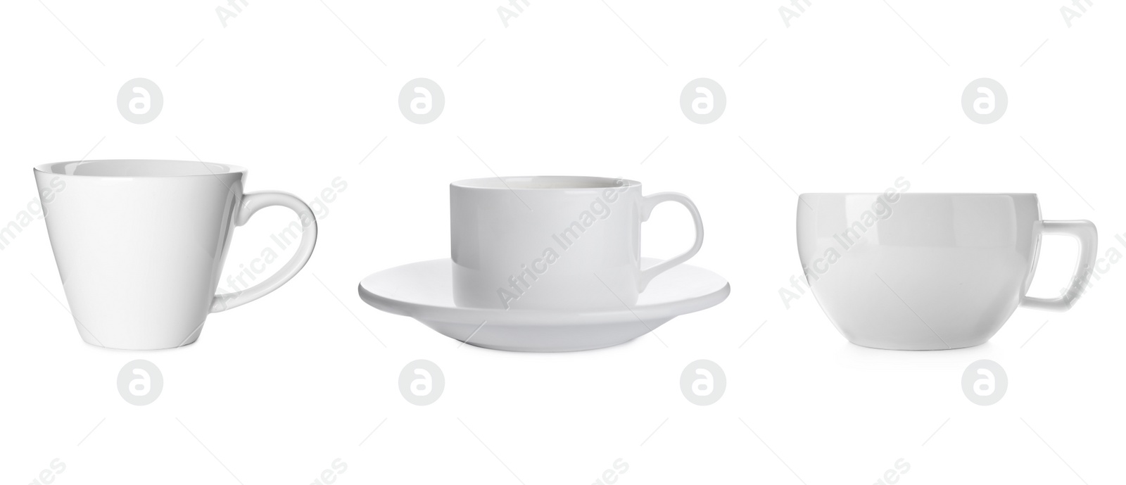 Image of Set with different ceramic coffee cups on white background. Banner design