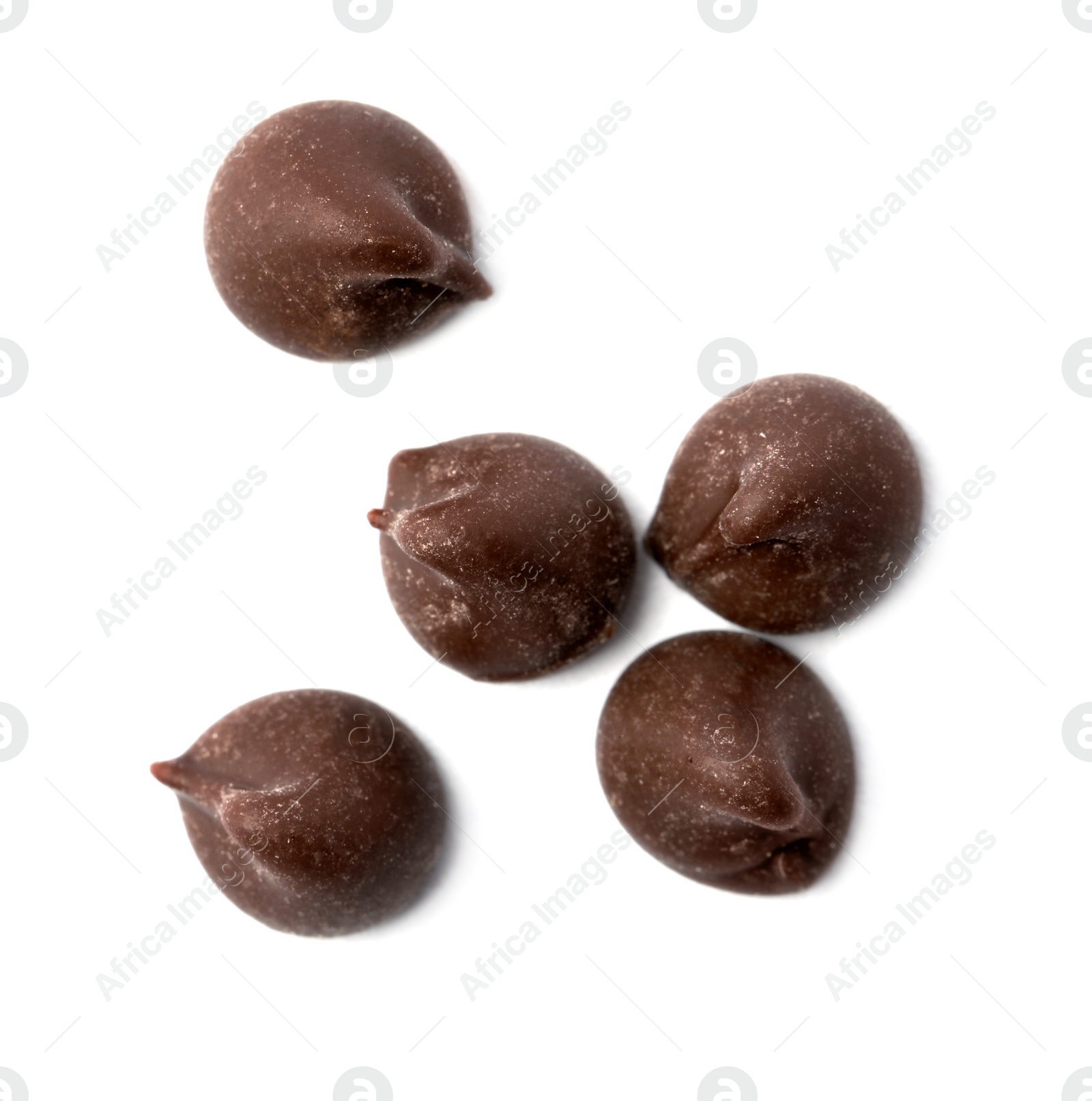 Photo of Delicious dark chocolate chips isolated on white