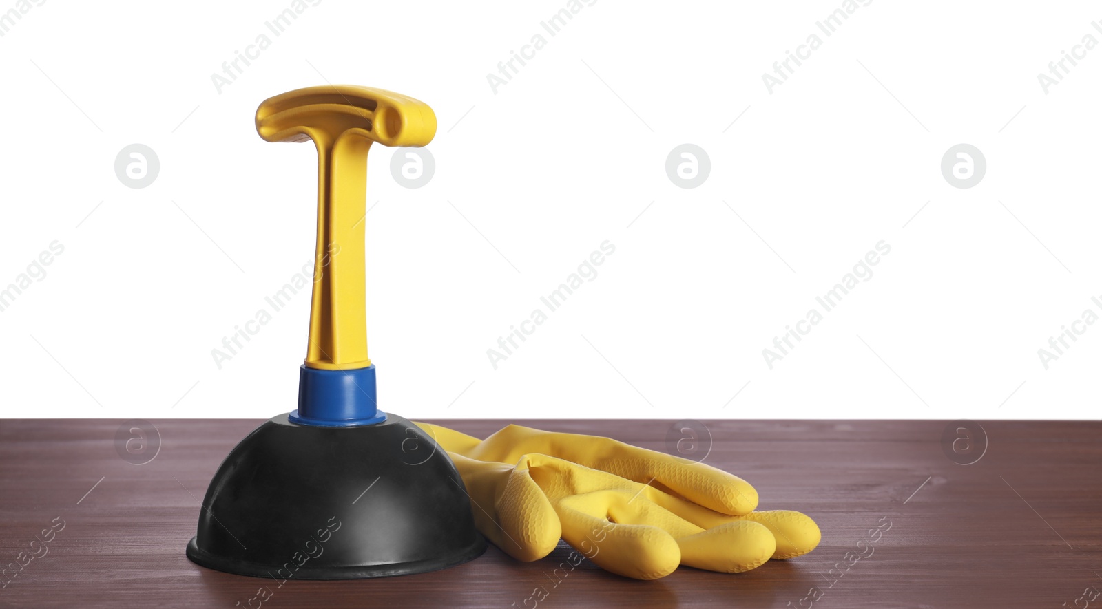 Photo of Plunger with plastic handle and rubber gloves on wooden table