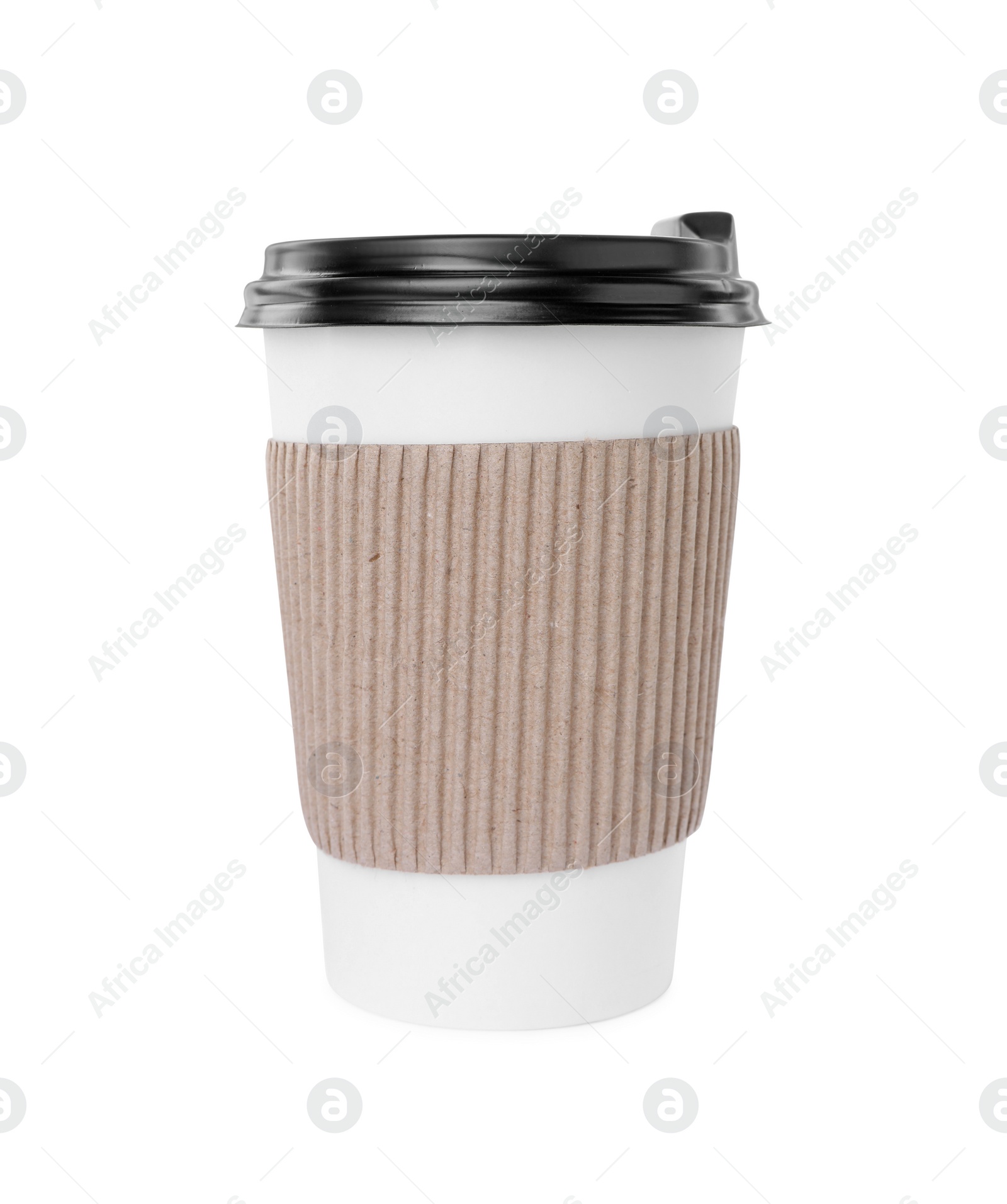 Photo of Paper cup with plastic lid isolated on white. Coffee to go