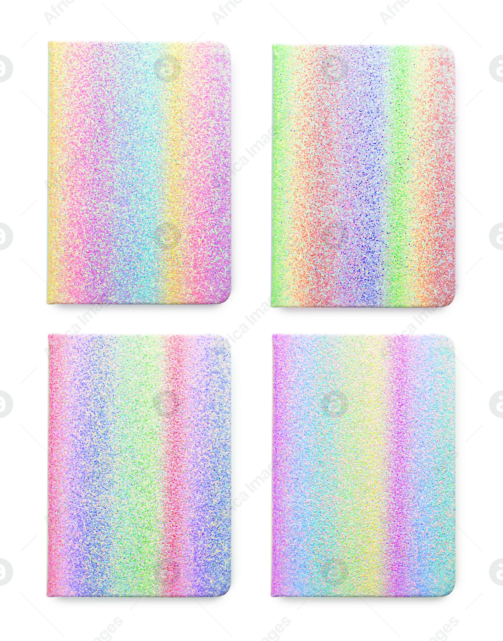 Image of Set with different multicolored planners on white background, top view 