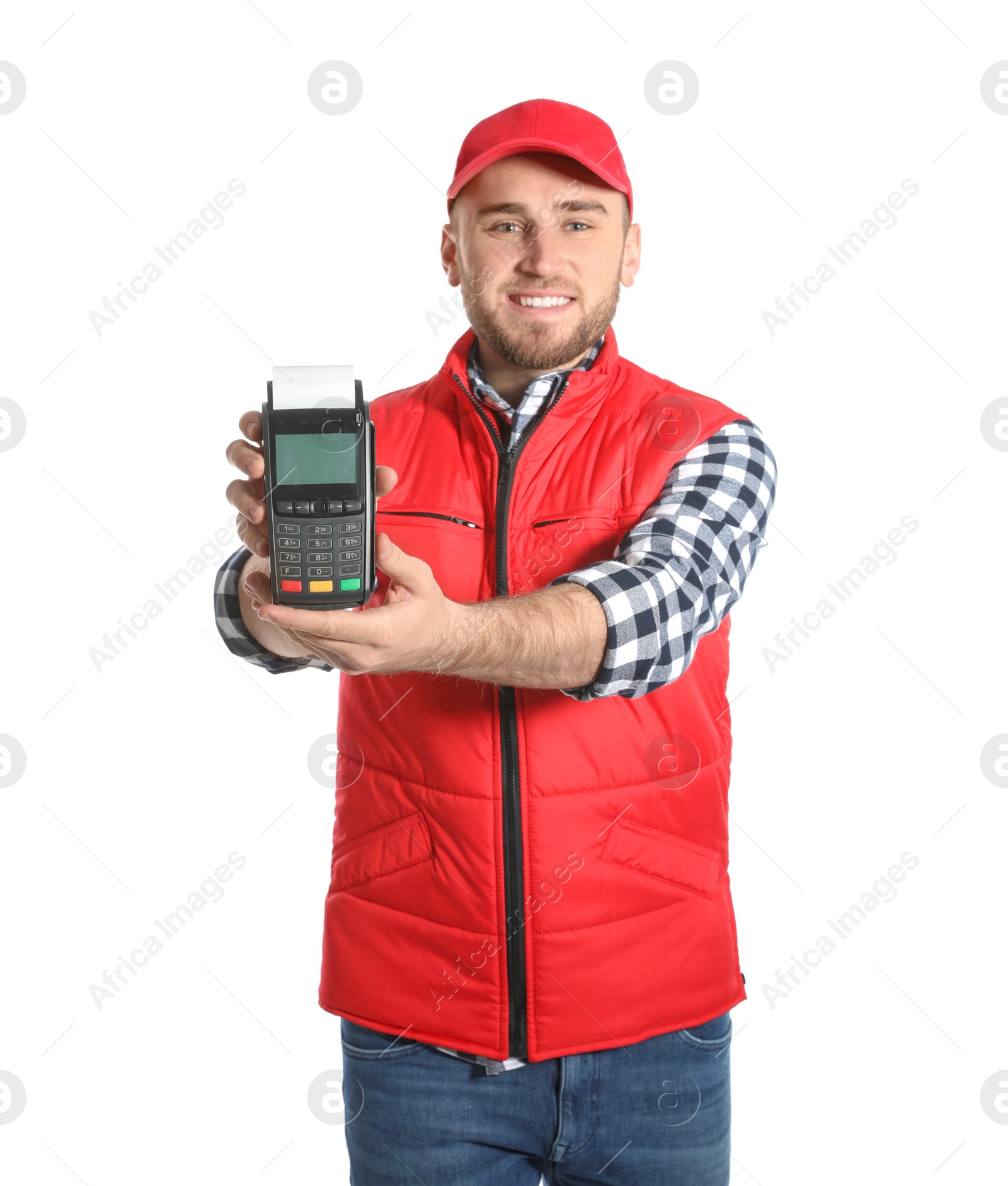 Photo of Smiling courier holding payment terminal isolated on white