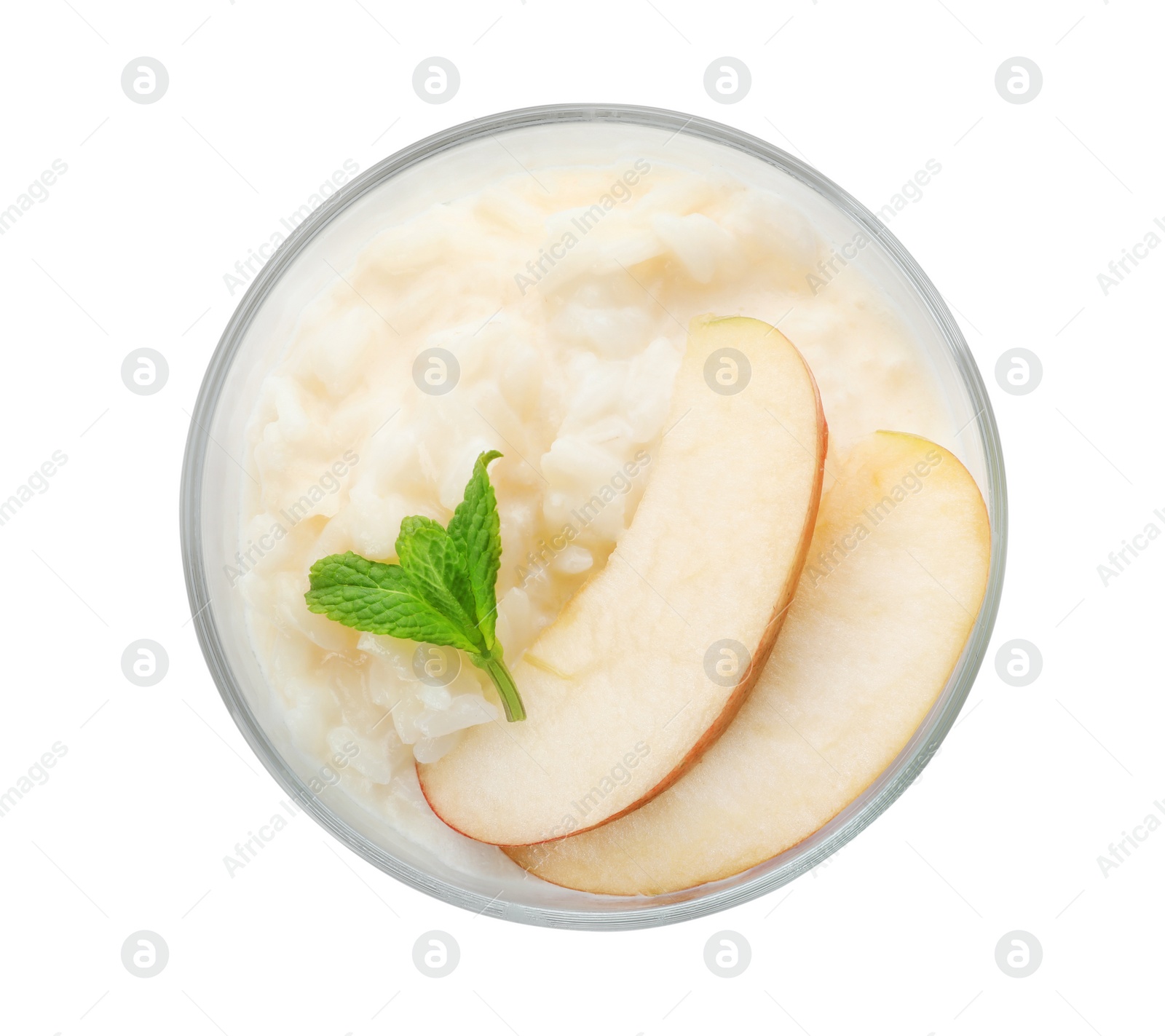 Photo of Delicious rice pudding with apple isolated on white, top view