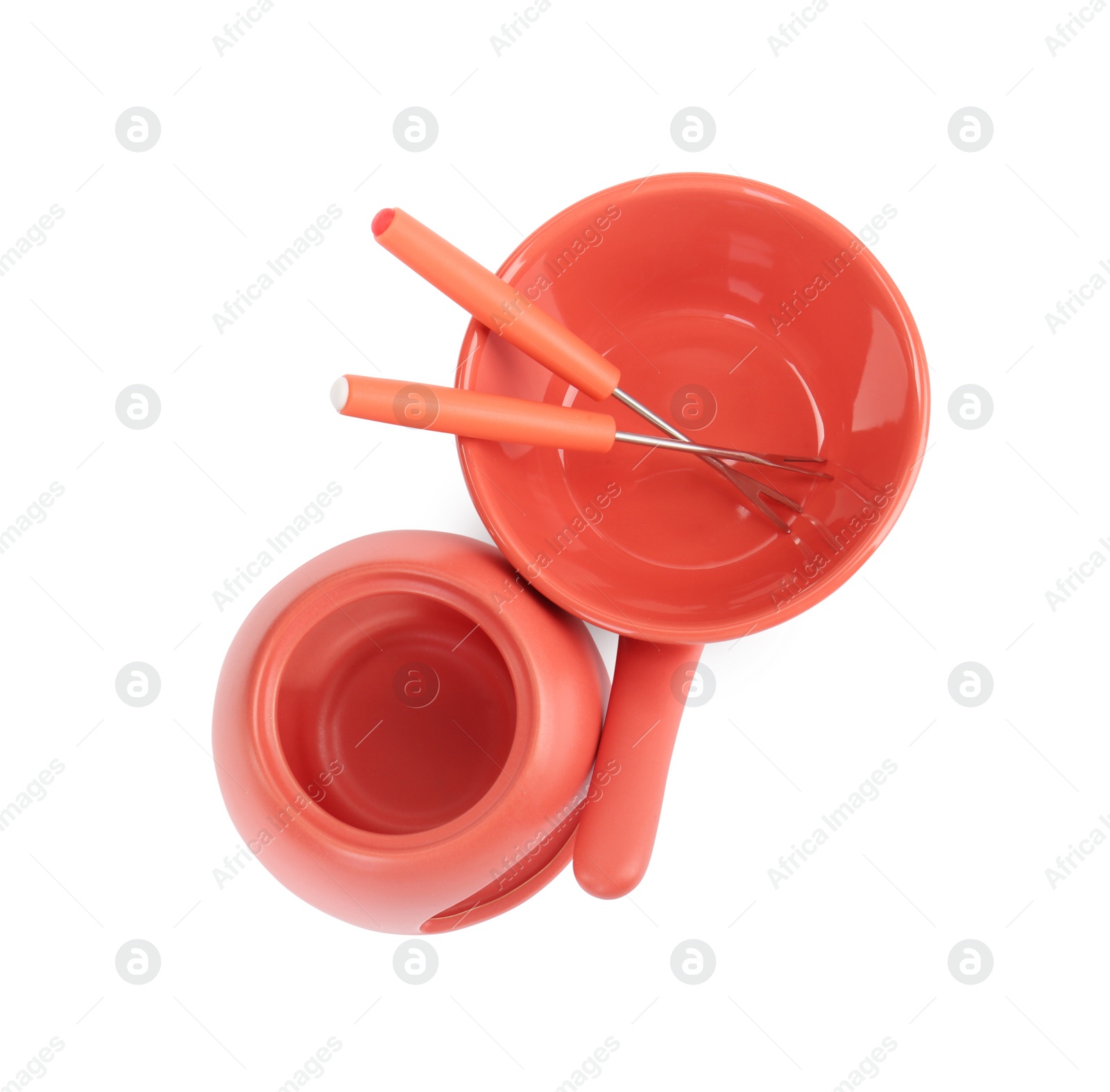 Photo of Fondue set isolated on white, top view. Kitchen equipment