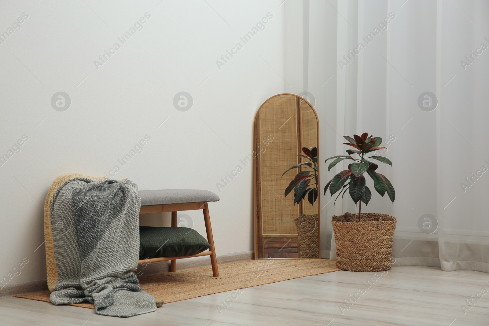Photo of Interior accessories. Wooden bench with blanket, mirror and houseplant near white wall in room