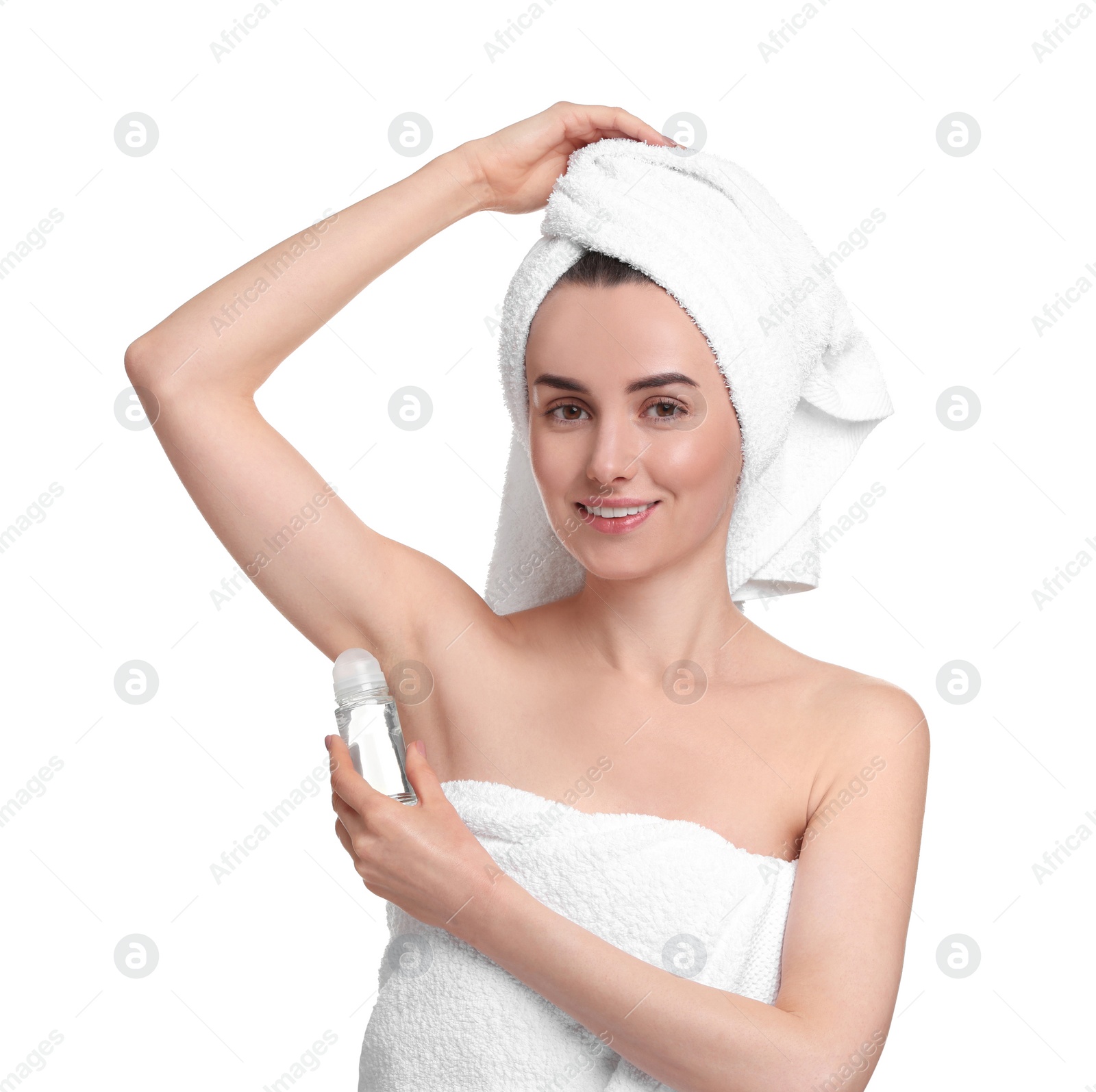 Photo of Beautiful woman applying deodorant on white background