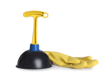 Photo of Plunger with plastic handle and rubber gloves on white background