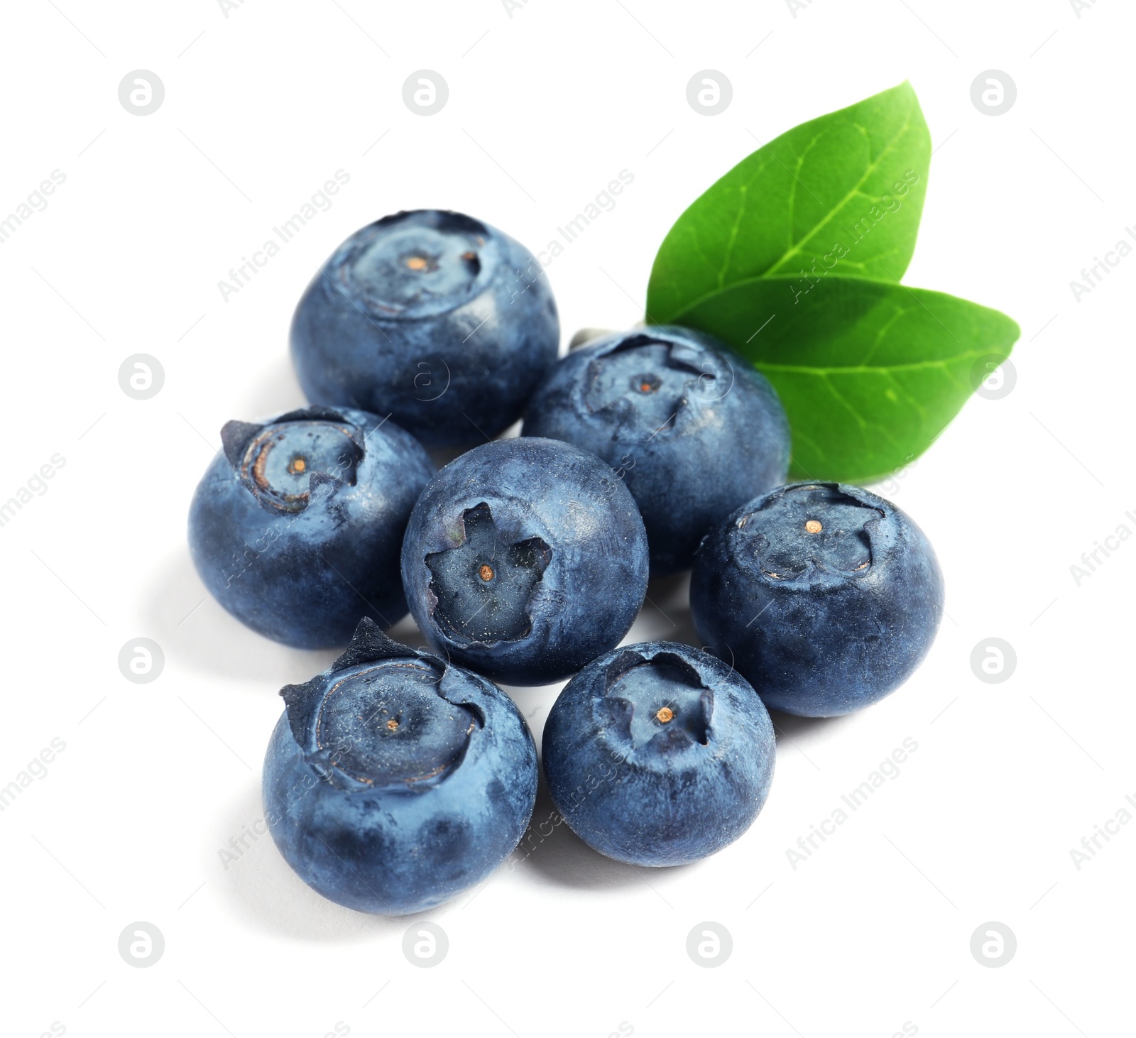 Photo of Fresh raw tasty blueberries with leaves isolated on white