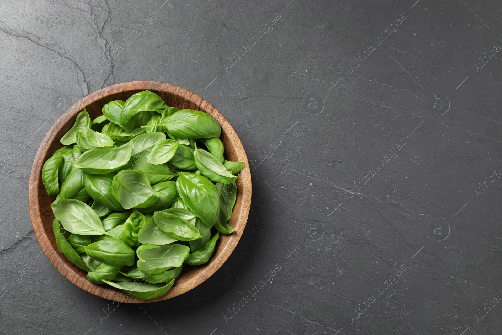 Photo of Fresh basil on grey table, top view. Space for text