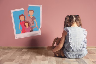 Image of LIttle girl upset because of parents divorce at home. Illustration of torn family photo