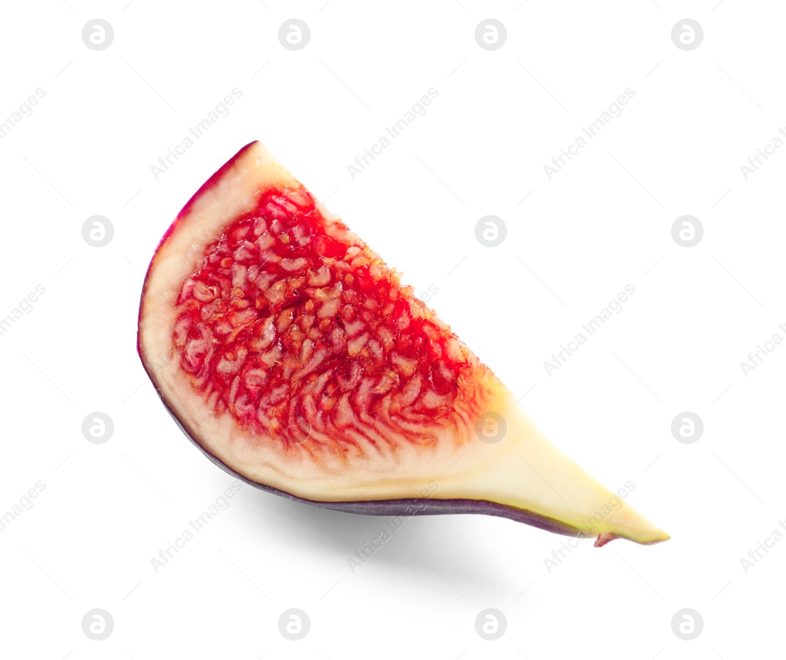 Photo of Slice of ripe purple fig on white background