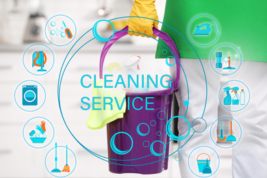 Image of Cleaning service related icons and janitor with supplies