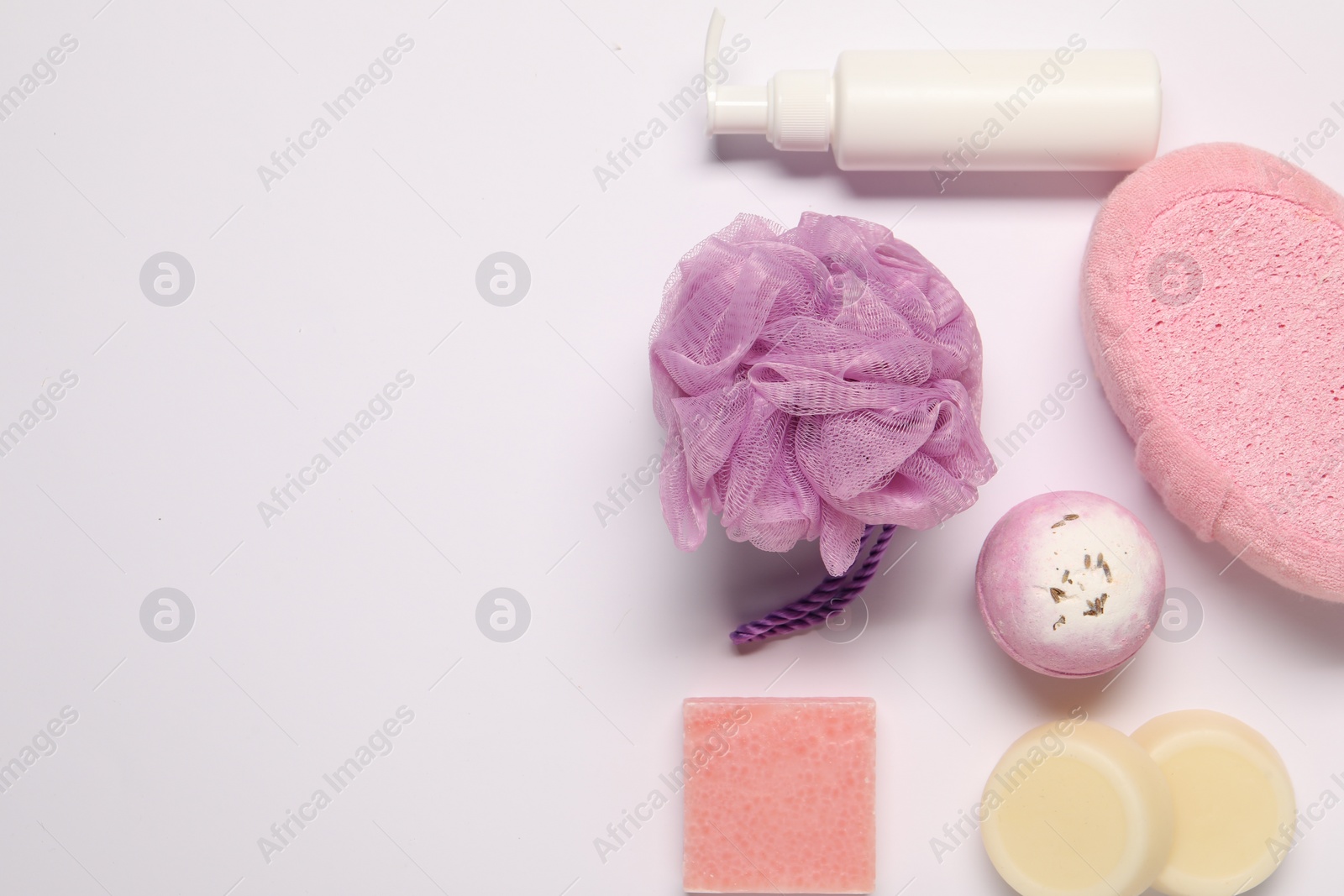 Photo of Bath accessories. Different personal care products on white background, flat lay with space for text