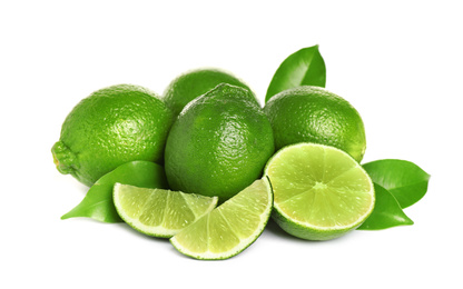 Fresh ripe green limes isolated on white