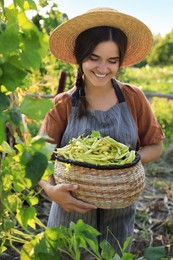 Photo of Woman holding fresh green beans in wicker basket outdoors on sunny day