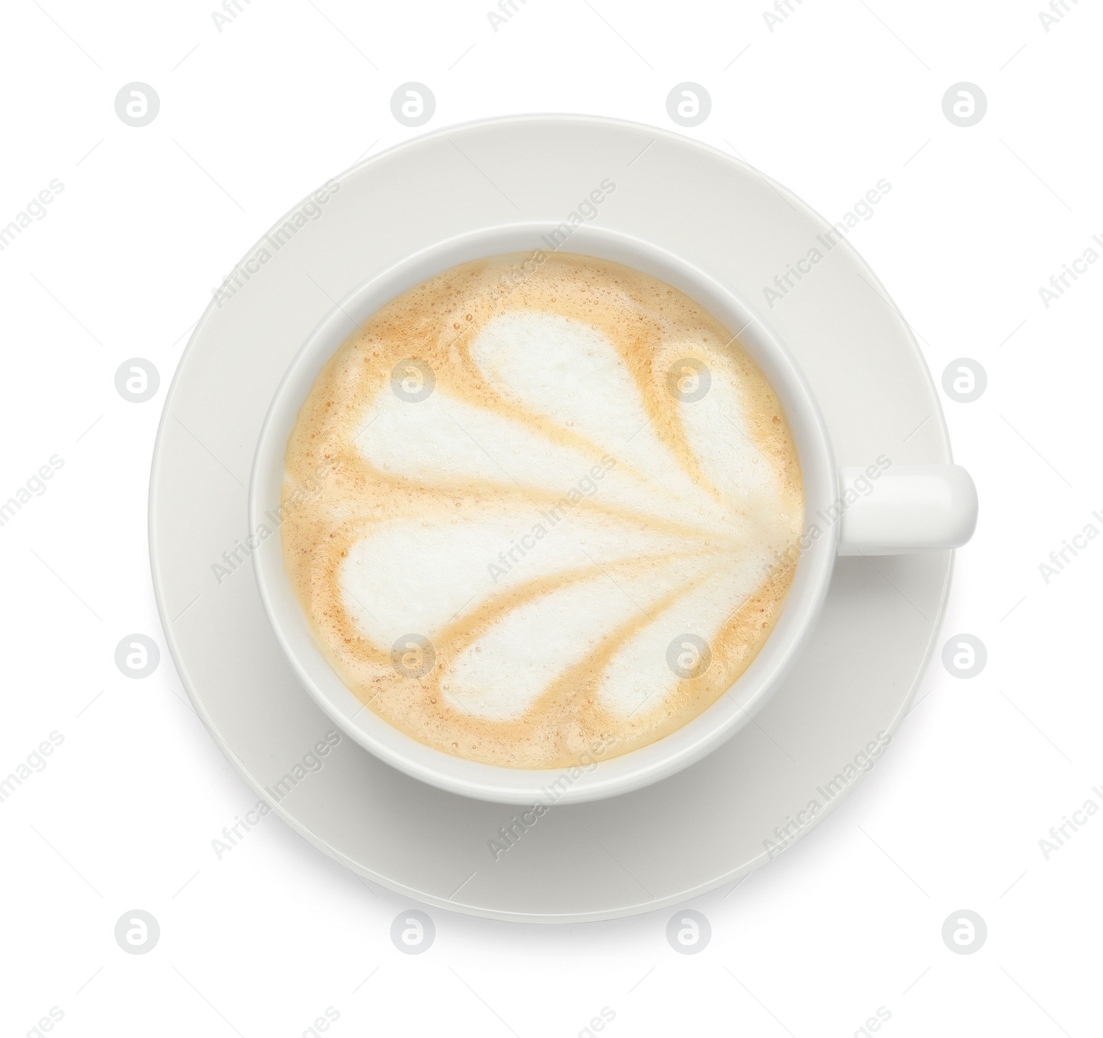 Photo of Cup of tasty coffee isolated on white, top view