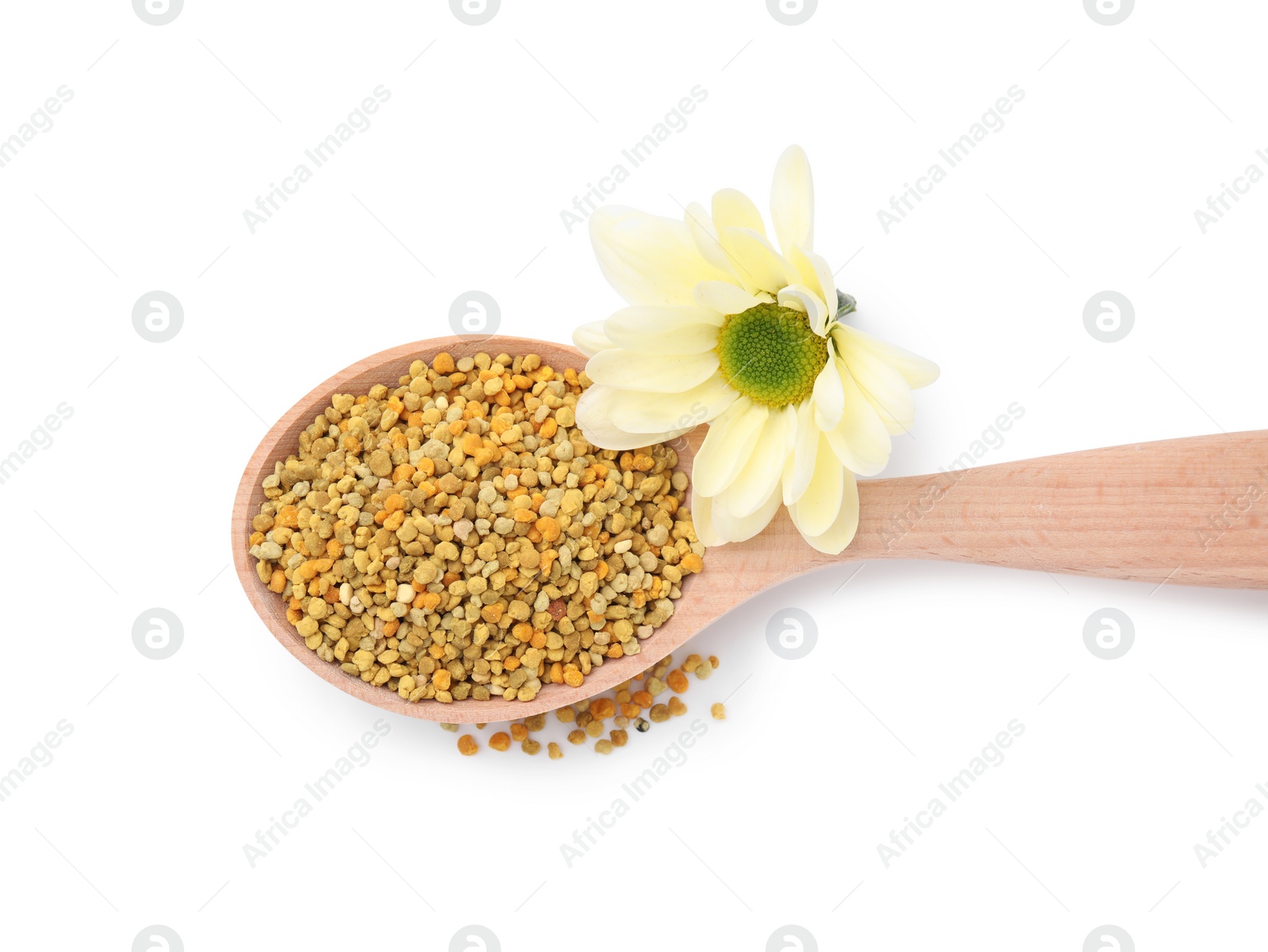 Photo of Spoon with fresh bee pollen granules and flower isolated on white, top view