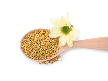 Photo of Spoon with fresh bee pollen granules and flower isolated on white, top view