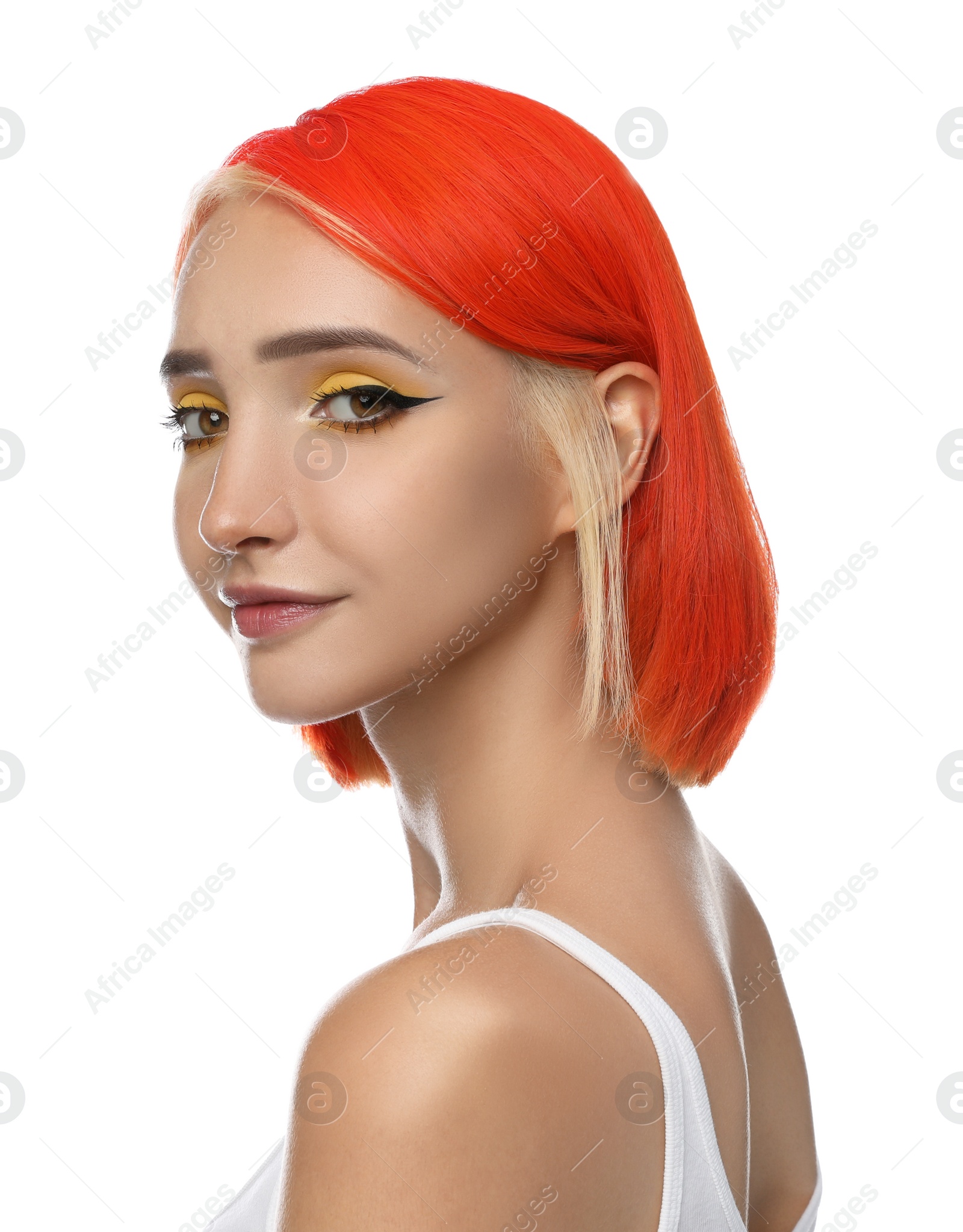Photo of Beautiful young woman with bright dyed hair on white background
