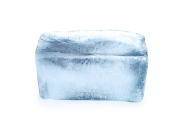 Single ice cube on white background. Frozen liquid