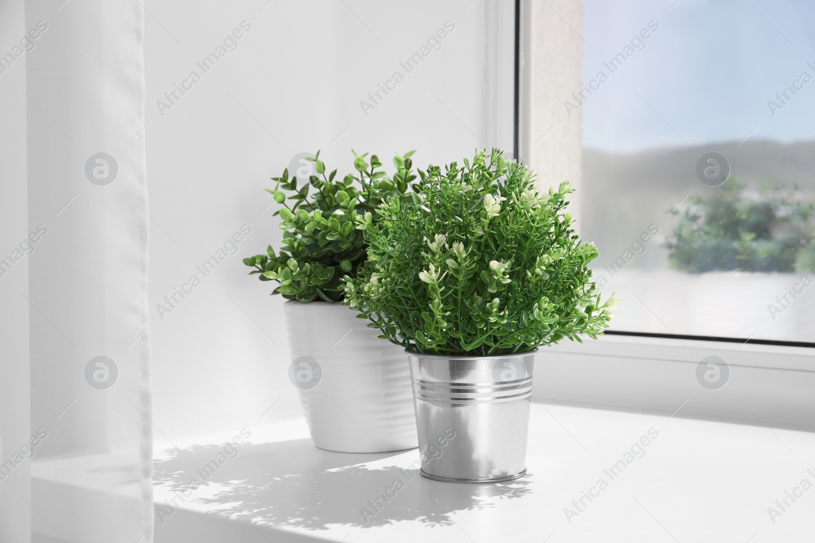 Photo of Artificial potted herbs on sunny day on windowsill indoors. Home decor