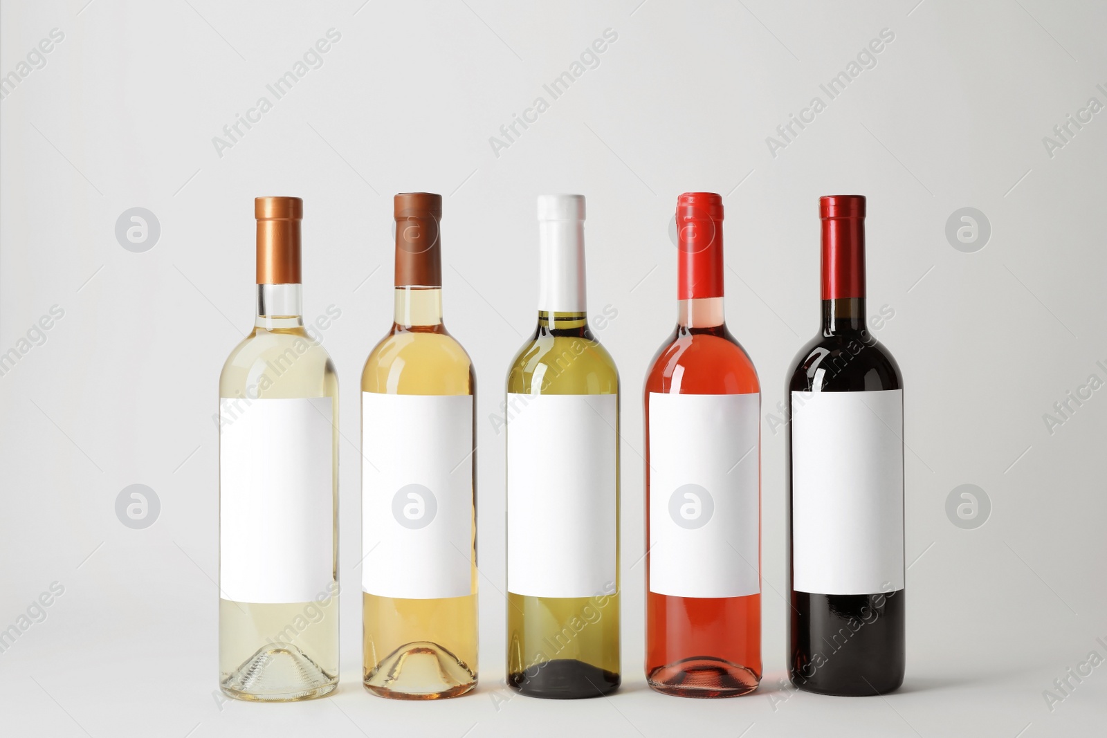 Photo of Bottles of delicious wines with blank labels on white background