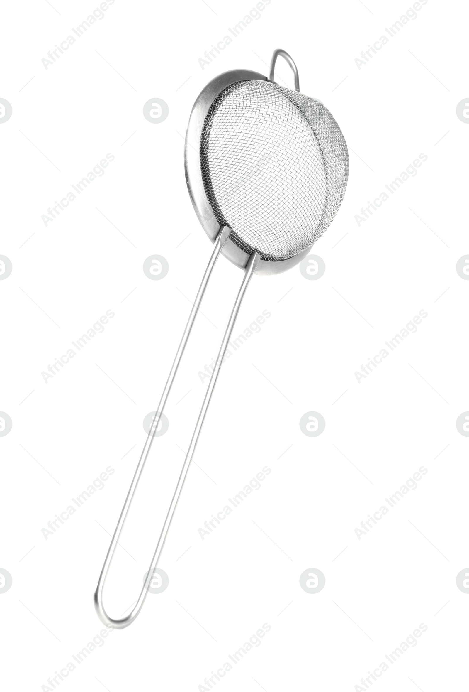 Photo of One metal sieve isolated on white. Kitchen utensil