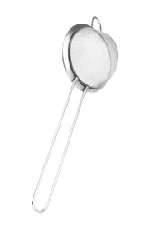 Photo of One metal sieve isolated on white. Kitchen utensil