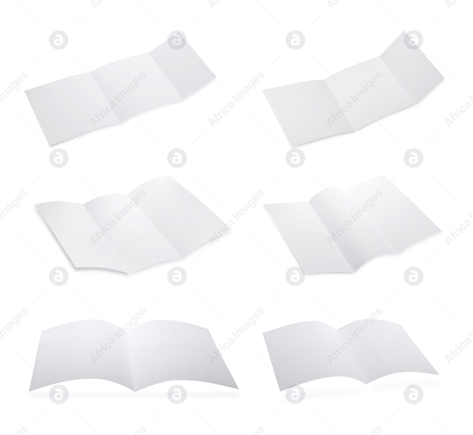 Image of Set with blank paper brochures on white background. Mockup for design