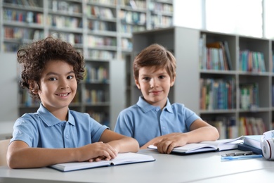 Cute little boys reading books at table in library