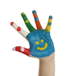 Photo of Kid with smiling face drawn on palm against white background, closeup