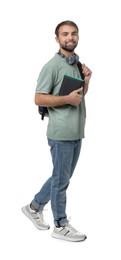 Student with headphones, backpack and books on white background