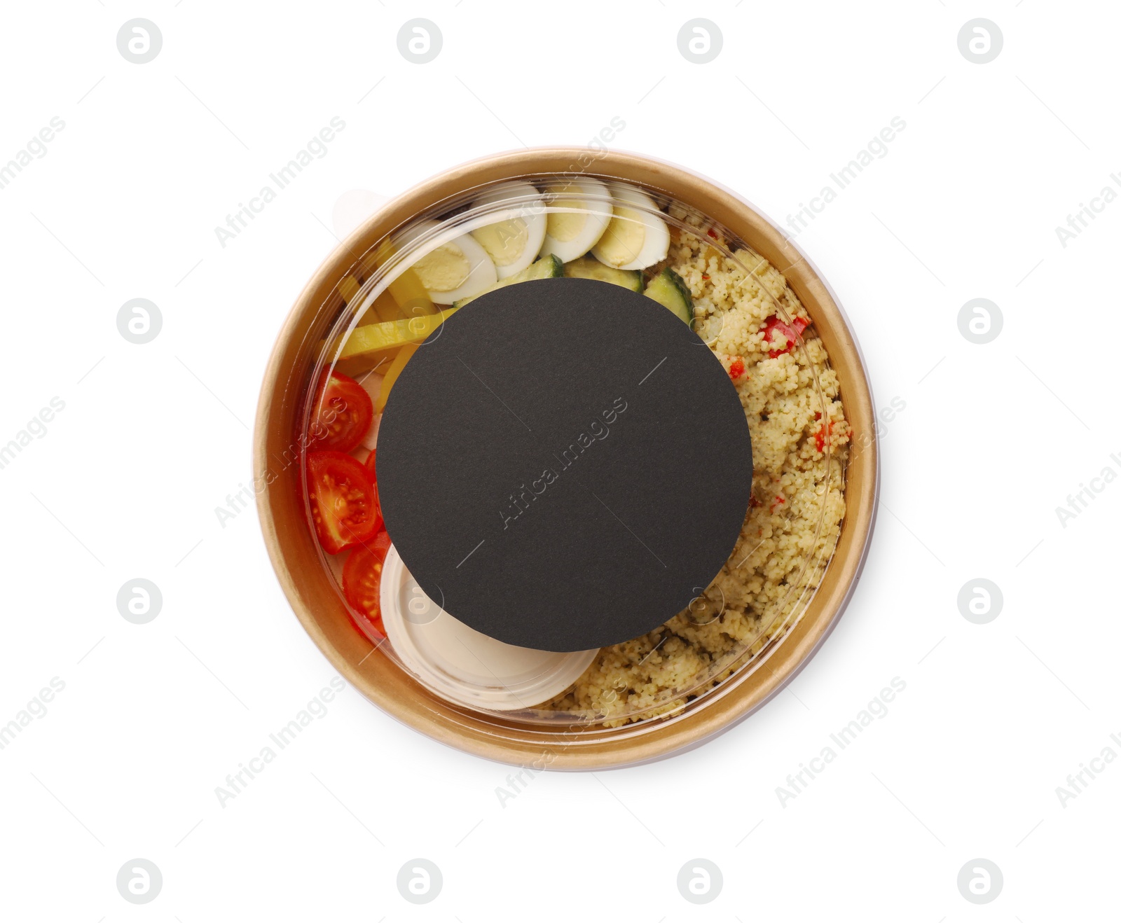 Photo of Tasty food in container isolated on white, top view