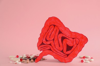 Photo of Paper intestine cutout and pills on pink background