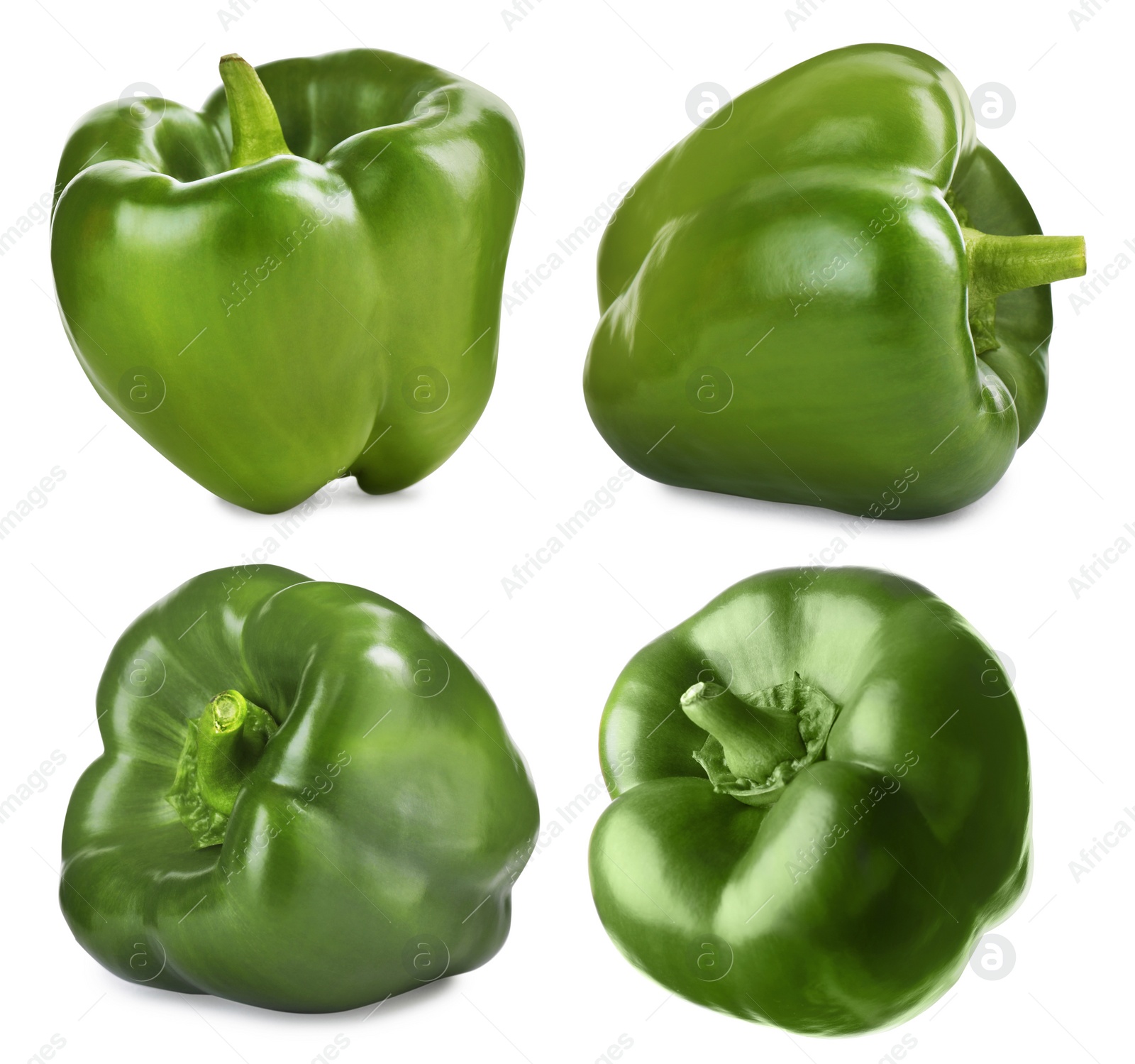 Image of Set of ripe green bell peppers on white background