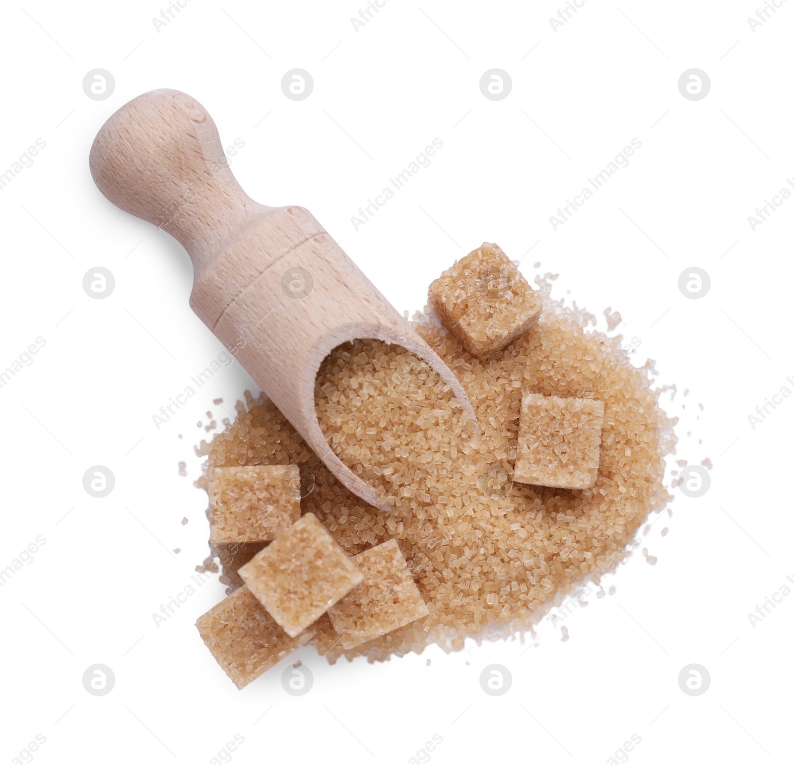 Photo of Different types of brown sugar isolated on white, top view