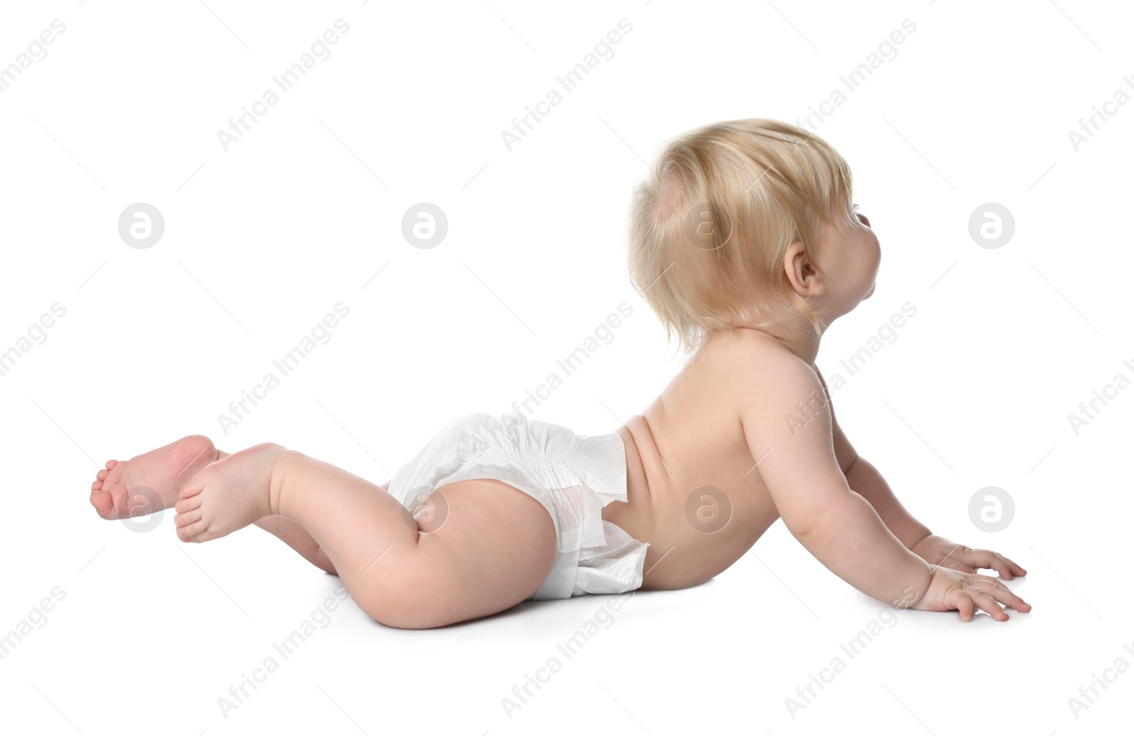 Photo of Cute little baby in diaper on white background