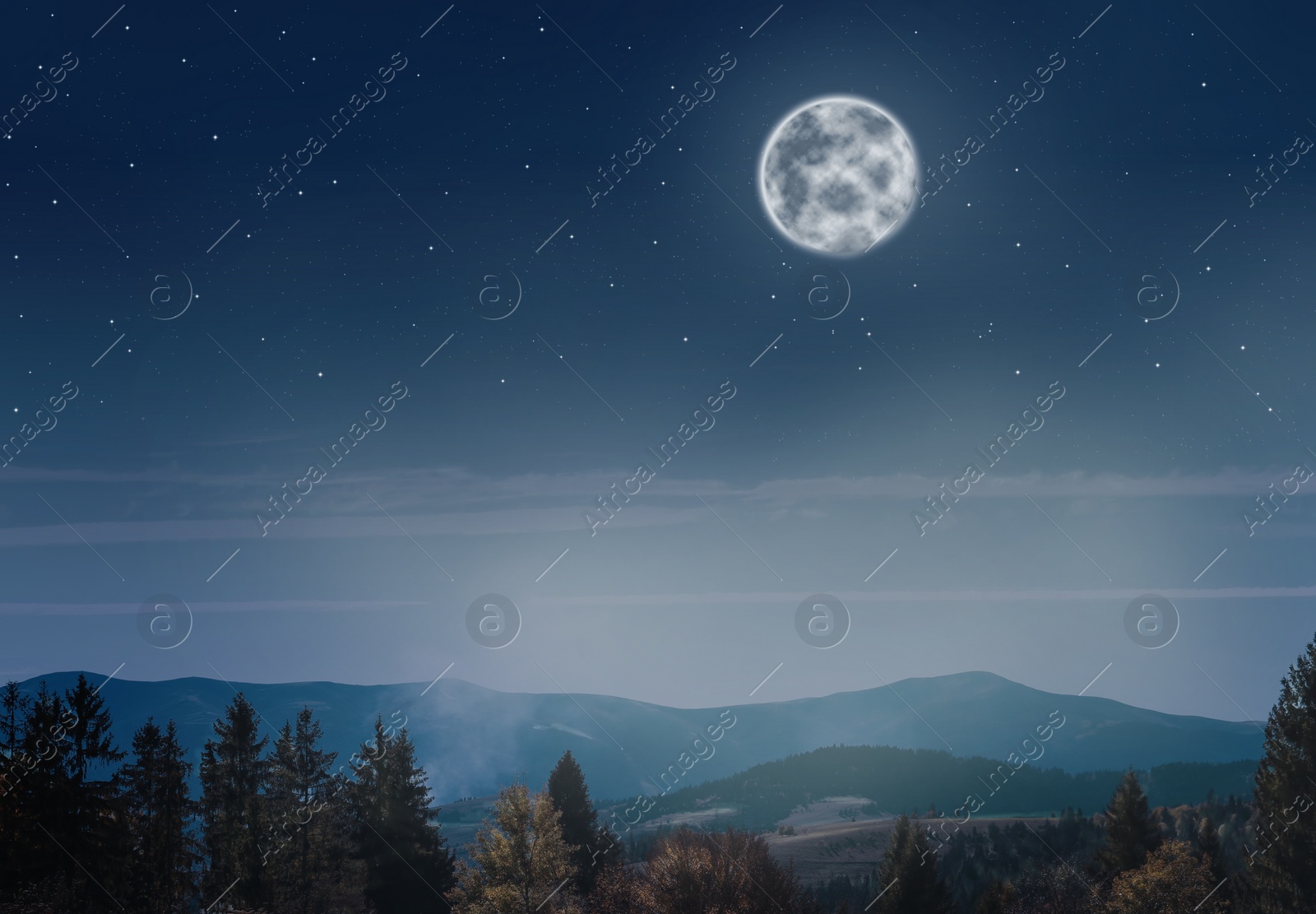 Image of Beautiful landscape with full moon in night sky