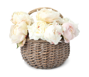 Photo of Beautiful peonies in wicker basket isolated on white