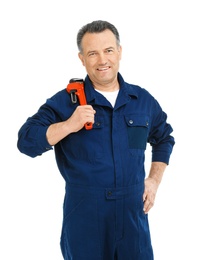 Mature plumber with pipe wrench on white background