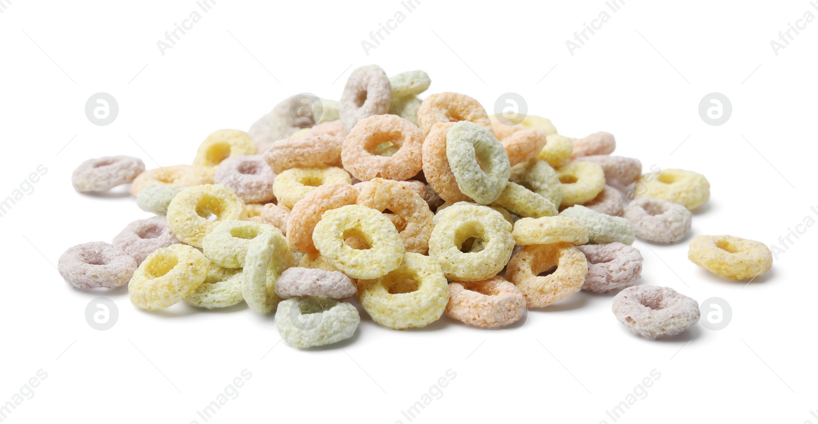 Photo of Pile of tasty cereal rings isolated on white