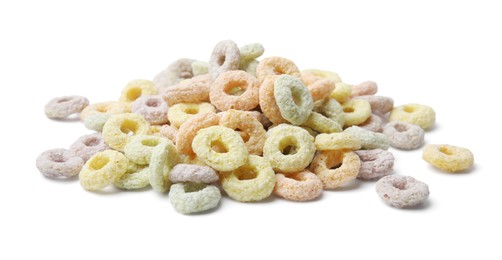 Photo of Pile of tasty cereal rings isolated on white