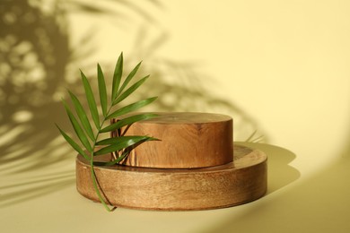 Photo of Presentation of product. Wooden podiums and palm leaf on yellow background. Space for text