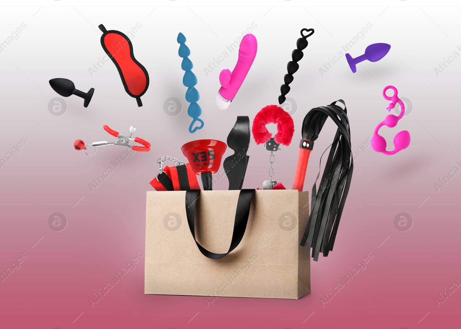 Image of DIfferent sex toys and accessories falling into paper shopping bag on color background