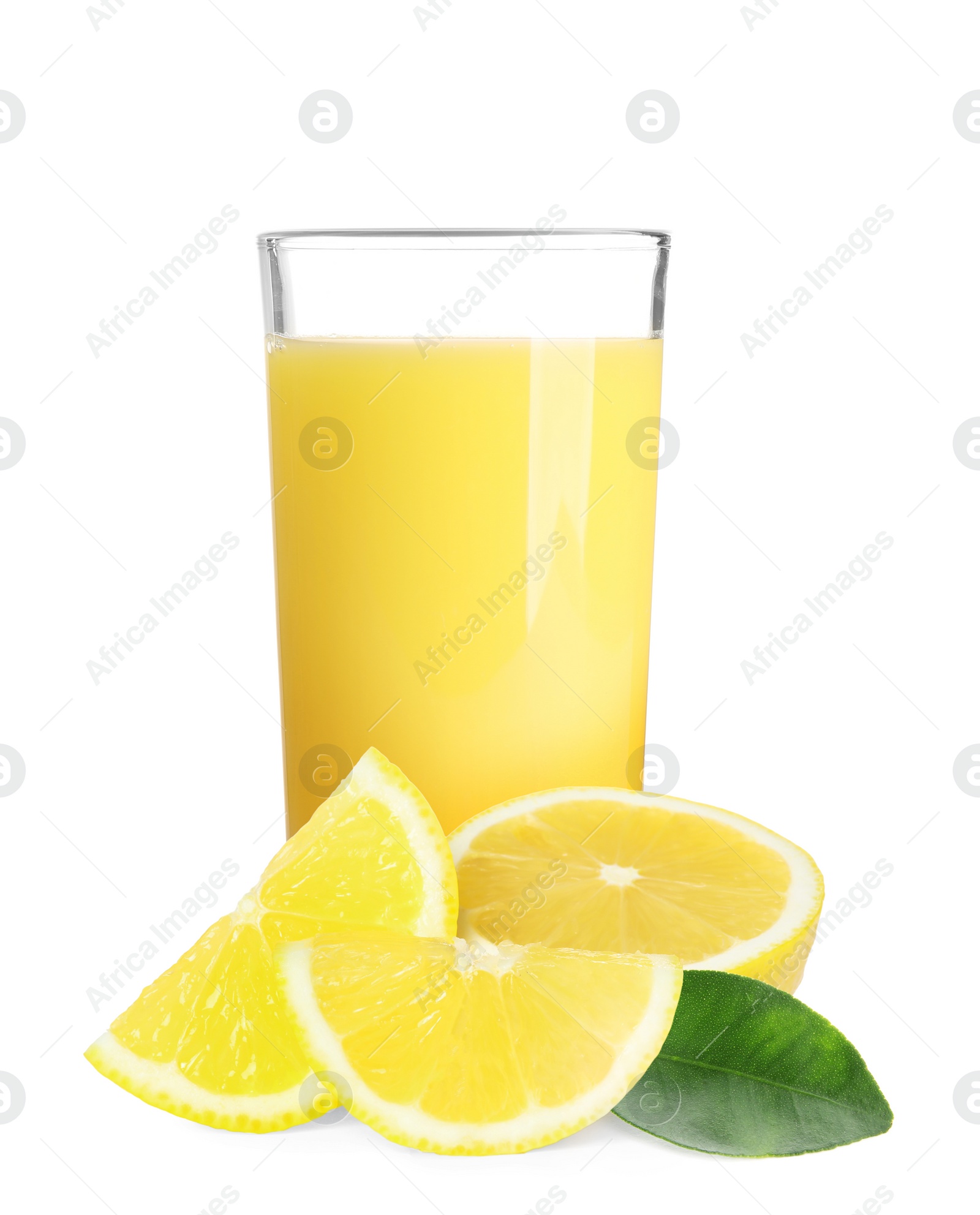 Image of Glass of lemon juice, fresh fruits and green leaf on white background