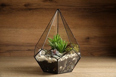 Photo of Glass florarium vase with succulents on wooden table