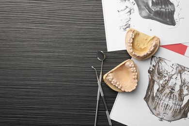 Dental model with gums, dentist tools, anatomy charts and space for text on grey wooden table, flat lay. Cast of teeth